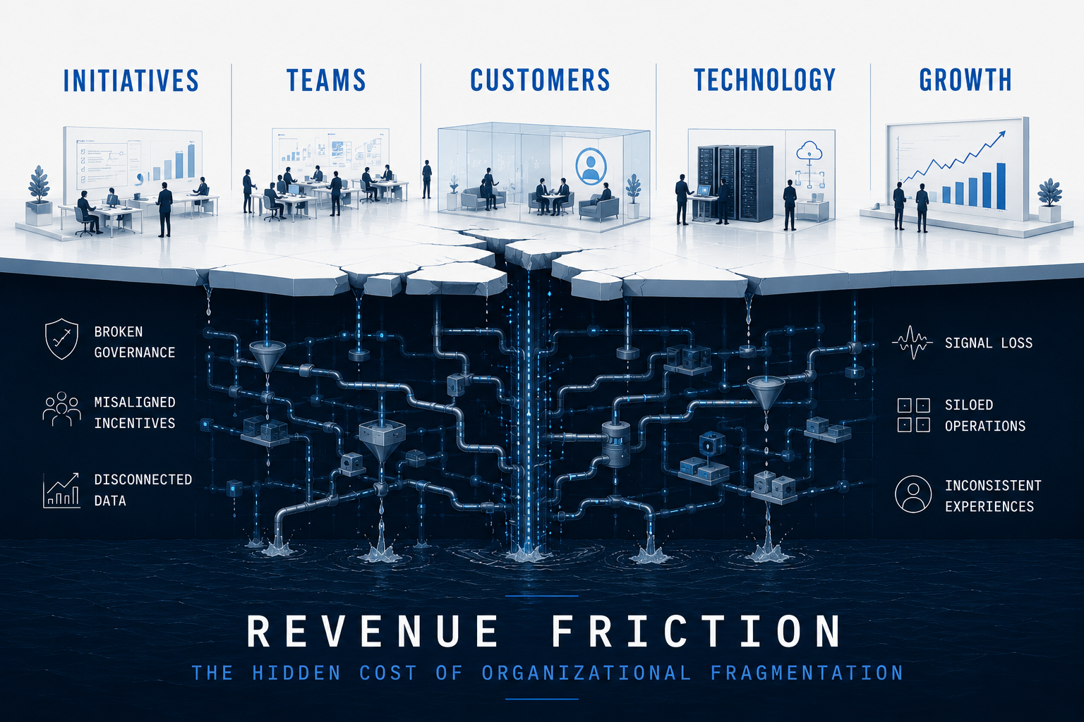 Approved Revenue Friction diagram showing visible organizational activity above hidden operating leaks including broken governance, misaligned incentives, disconnected data, signal loss, siloed operations, and inconsistent experiences.